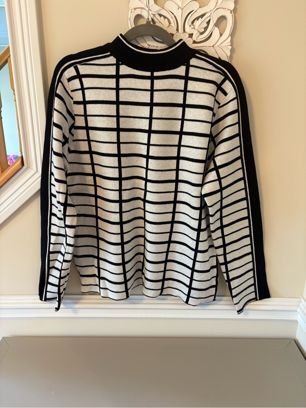 Black & White Grid Crewneck Sweater - Women's Classic Knit